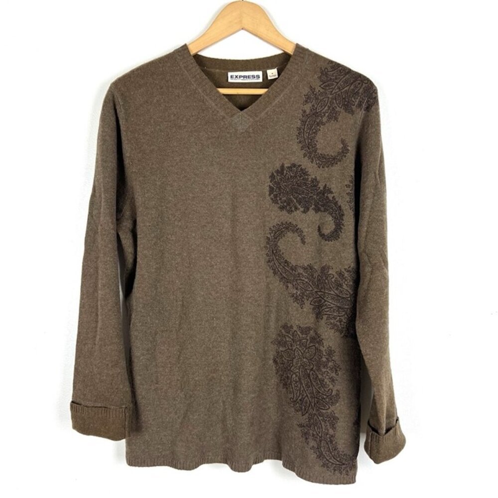 Vintage Express Brown LambsWool Sweater sz M Paisley‎ Relaxed Fit Grunge Y2K 90s